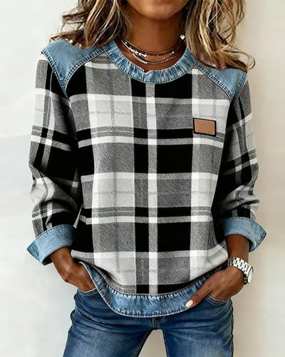 Michelle | Casual sweater with round neck and denim patchwork