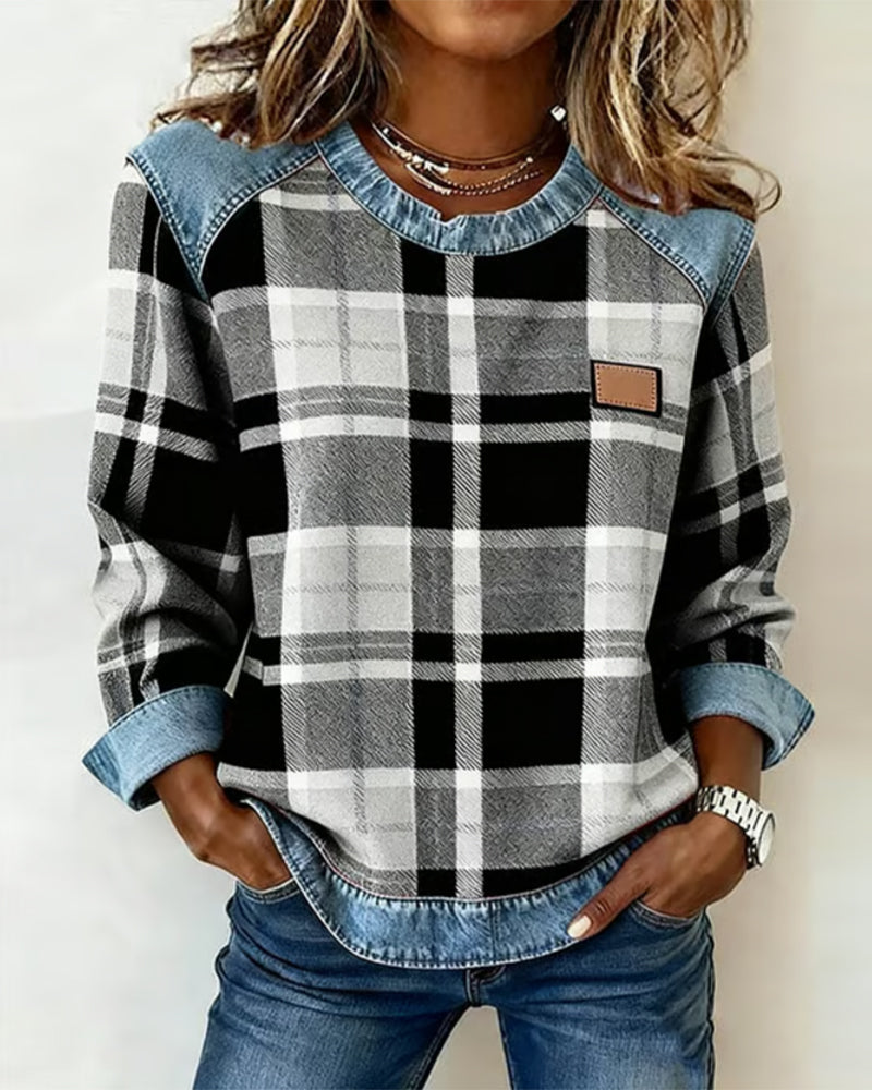 Michelle | Casual sweater with round neck and denim patchwork